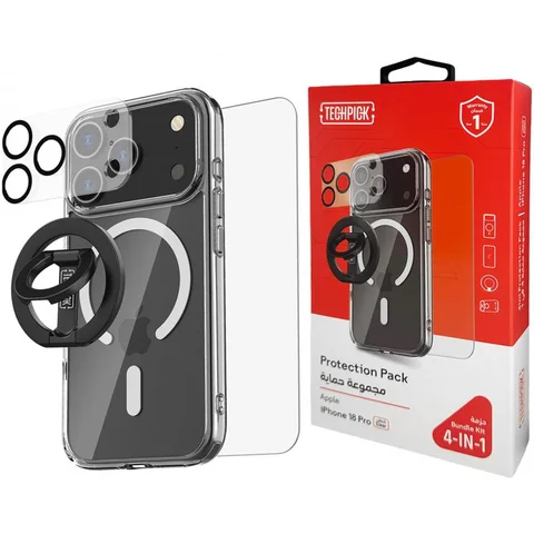 Techpick 4-in-1 Protection Pack MagSafe Hard Case + Tempered Glass + Camera Lens Protector + Magnetic Stand Smartphone Case Bundle