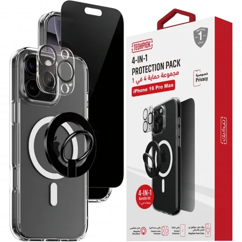 Techpick 4-in-1 Protection Pack Clear Case + Privacy Tempered Glass + Camera Lens Protector + Magnetic Stand Smartphone Case Bundle