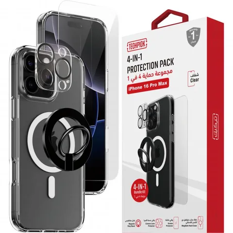 Techpick 4-in-1 Protection Pack MagSafe Hard Case + Tempered Glass + Camera Lens Protector + Magnetic Stand Smartphone Case Bundle