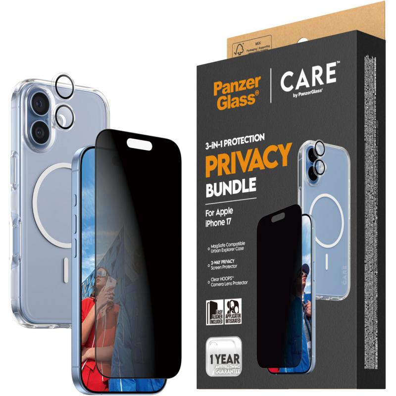 PanzerGlass 3-in-1 Pack Hard MagSafe Case + Privacy Screen Protector + Hoops Camera Lens Protector Smartphone Case Bundle