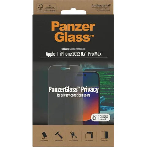 PanzerGlass Classic Fit Tempered Glass, Privacy Smartphone Screen Protector for iPhone 14 Pro Max