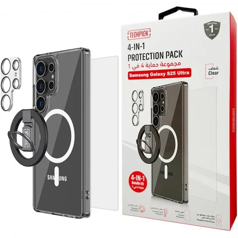 Techpick 4-in-1 Protection Pack MagSafe Hard Case + Tempered Glass + Camera Lens Protector + Magnetic Stand Smartphone Case Bundle