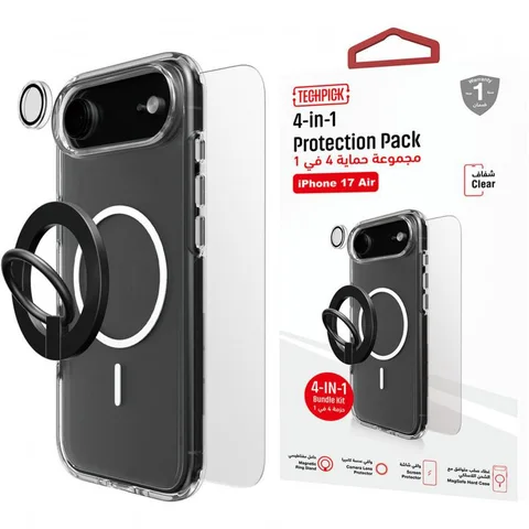 Techpick 4-in-1 Protection MagSafe Hard Case + Tempered Glass + Camera Lens Protector + Magnetic Stand Smartphone Case Bundle
