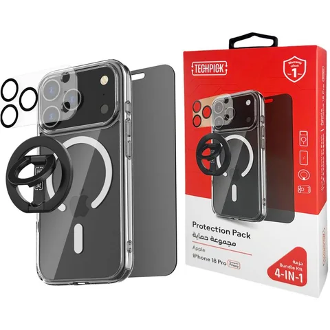 Techpick 4-in-1 Protection Pack Clear Case + Privacy Tempered Glass + Camera Lens Protector + Magnetic Stand Smartphone Case Bundle