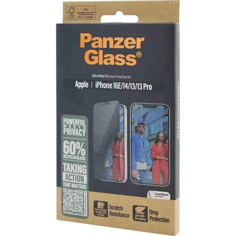 PanzerGlass Ultra-Wide Fit Tempered Glass, Clear Smartphone Screen Protector for iPhone 17e/iPhone 16e/iPhone 14/iPhone 13 Pro/iPhone 13