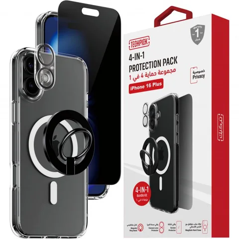 Techpick 4-in-1 Protection Pack Clear Case + Privacy Tempered Glass + Camera Lens Protector + Magnetic Stand Smartphone Case Bundle