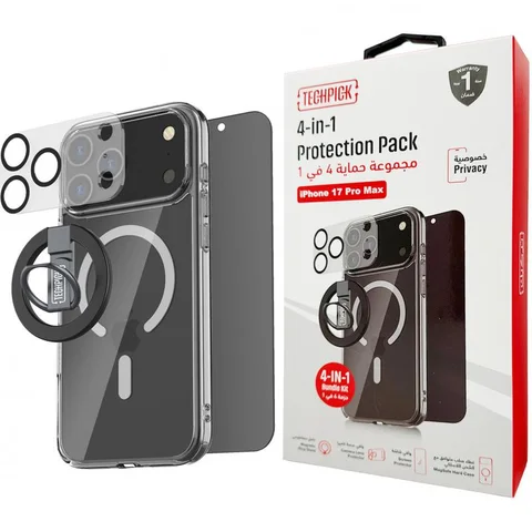 Techpick 4-in-1 Protection Pack Clear Case + Privacy Tempered Glass + Camera Lens Protector + Magnetic Stand Smartphone Case Bundle