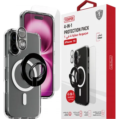 Techpick 4-in-1 Protection Pack MagSafe Hard Case + Tempered Glass + Camera Lens Protector + Magnetic Stand Smartphone Case Bundle