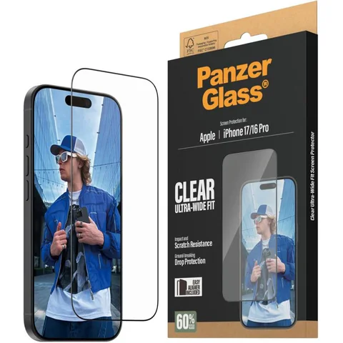 PanzerGlass Ultra-Wide Fit Tempered Glass, Clear Smartphone Screen Protector for iPhone 17/iPhone 16 Pro