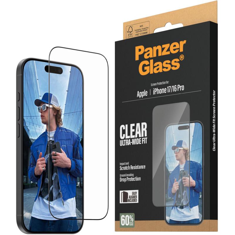 PanzerGlass Ultra-Wide Fit Tempered Glass, Clear Smartphone Screen Protector for iPhone 17/iPhone 16 Pro