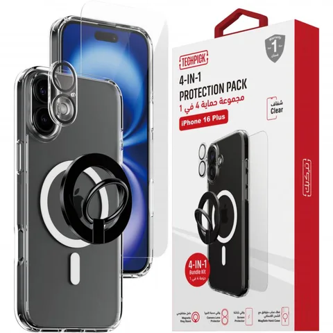 Techpick 4-in-1 Protection Pack MagSafe Hard Case + Tempered Glass + Camera Lens Protector + Magnetic Stand Smartphone Case Bundle