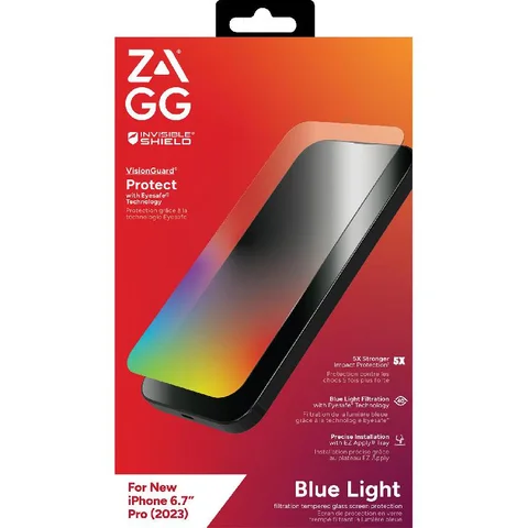Zagg Invisible Shield Tempered Glass, Eyesafe Technology Filters 40% of Peak Toxic Blue Light Case Friendly Smartphone Screen Protector for iPhone 15 Pro Max