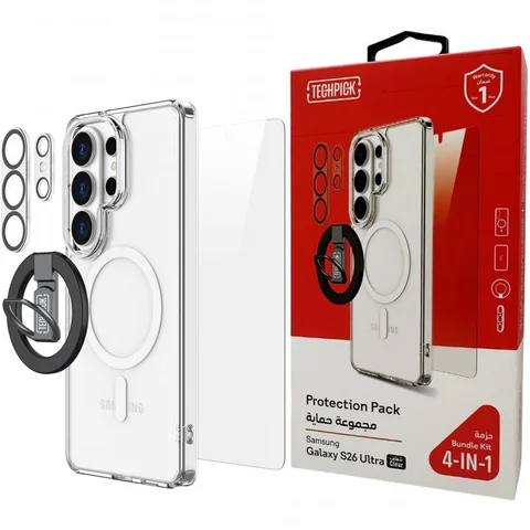 Techpick 4-in-1 Protection Pack MagSafe Hard Case + Tempered Glass + Camera Lens Protector + Magnetic Stand Smartphone Case Bundle