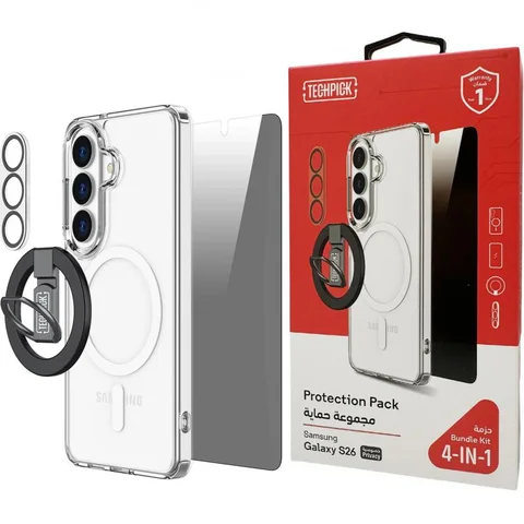 Techpick 4-in-1 Protection Pack MagSafe Case + Privacy Tempered Glass + Camera Lens Protector + Magnetic Stand Smartphone Case Bundle