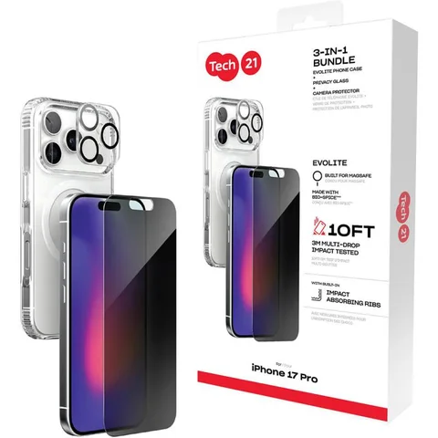 Tech21 3-in-1 MagSafe Bundle Evo Clear MagSafe Case + Privacy Impact Glass + Camera Lens Protector Smartphone Case Bundle