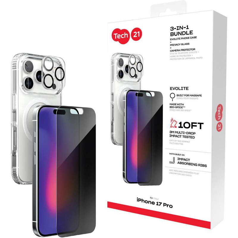 Tech21 3-in-1 MagSafe Bundle Evo Clear MagSafe Case + Privacy Impact Glass + Camera Lens Protector Smartphone Case Bundle