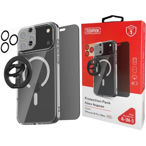 Techpick 4-in-1 Protection Pack Clear Case + Privacy Tempered Glass + Camera Lens Protector + Magnetic Stand Smartphone Case Bundle