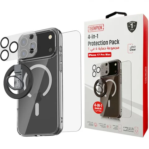 Techpick 4-in-1 Protection Pack MagSafe Hard Case + Tempered Glass + Camera Lens Protector + Magnetic Stand Smartphone Case Bundle