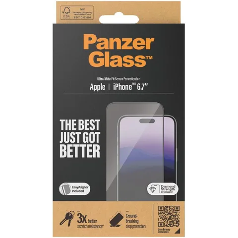 PanzerGlass Ultra-Wide Fit Tempered Glass, Clear Smartphone Screen Protector for iPhone 15 Plus
