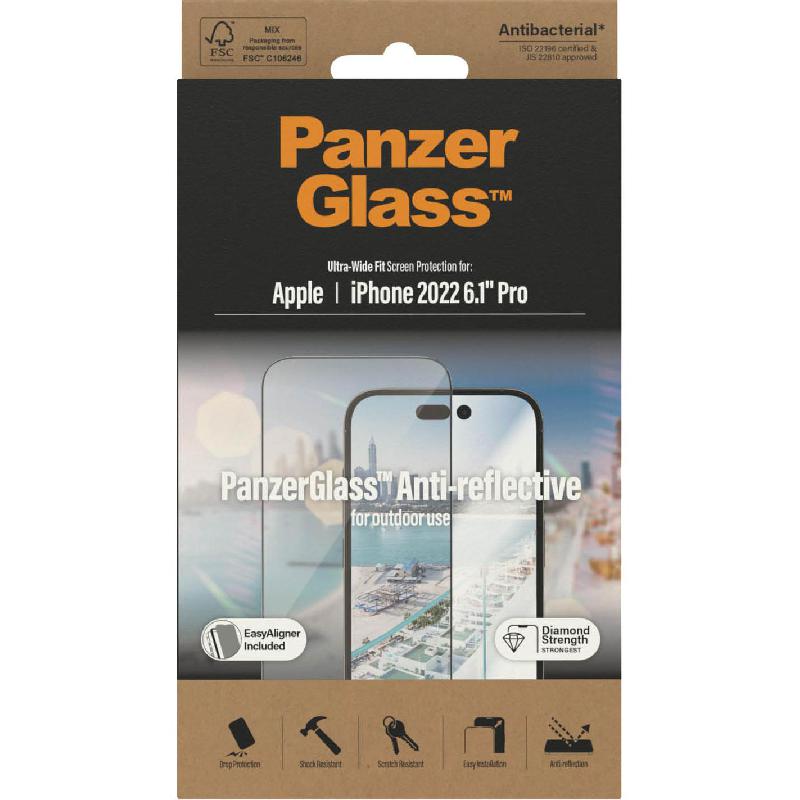 PanzerGlass Ultra-Wide Fit Tempered Glass, Anti-reflective Smartphone Screen Protector for iPhone 14 Pro