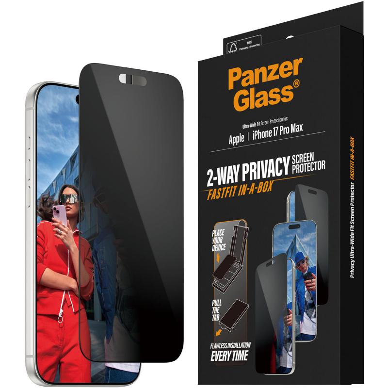 PanzerGlass Ultra-Wide Fit Tempered Glass with Black Frame, Privacy Smartphone Screen Protector iPhone 17 Pro Max