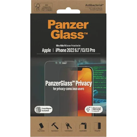 PanzerGlass Ultra-Wide Fit Tempered Glass, Privacy Smartphone Screen Protector for iPhone 14/iPhone 13/iPhone 13 Pro