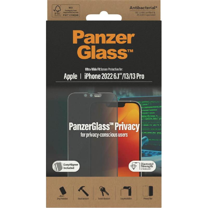 PanzerGlass Ultra-Wide Fit Tempered Glass, Privacy Smartphone Screen Protector for iPhone 14/iPhone 13/iPhone 13 Pro