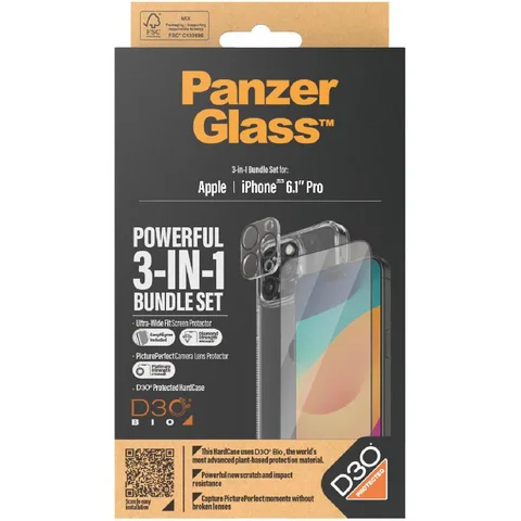 PanzerGlass 3-in-1 Pack Hard Case with D3O Protection + Screen Protector + Camera Lens Protector Smartphone Case Bundle