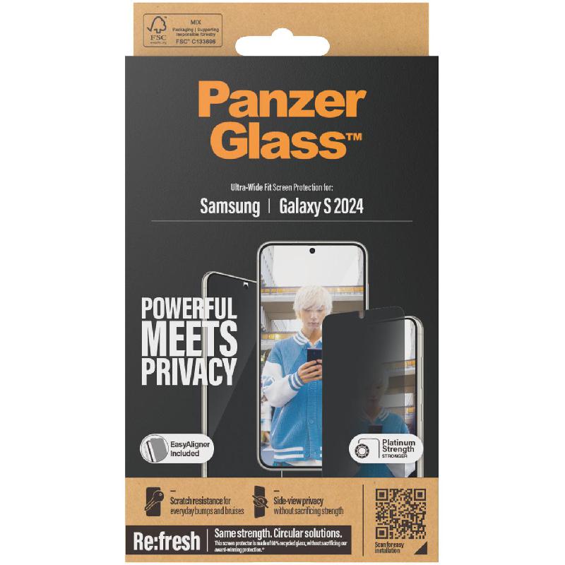 PanzerGlass Ultra-Wide Fit Tempered Glass, Privacy Smartphone Screen Protector for Samsung Galaxy S24