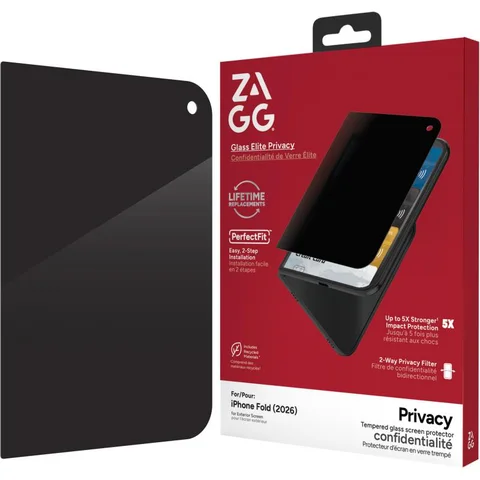 Zagg Invisible Shield Tempered Glass, 2-way Privacy Protection Smartphone Screen Protector for iPhone 18 Fold