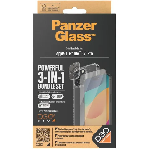 PanzerGlass 3-in-1 Pack Hard Case with D3O Protection + Screen Protector + Camera Lens Protector Smartphone Case Bundle