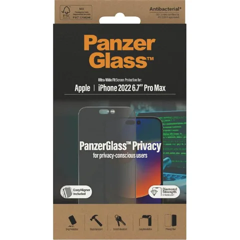PanzerGlass Ultra-Wide Fit Tempered Glass, Privacy Smartphone Screen Protector for iPhone 14 Pro Max